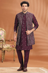 Wine Purple Silk Embroidered Jacket Indo Western Set